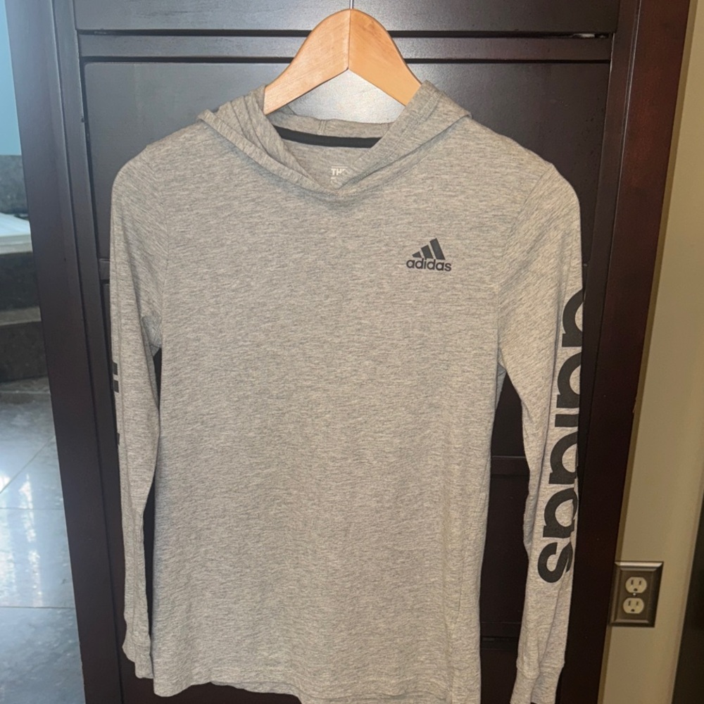 Adidas Heather Gray Long Sleeve Tee with Hood and Black Logo